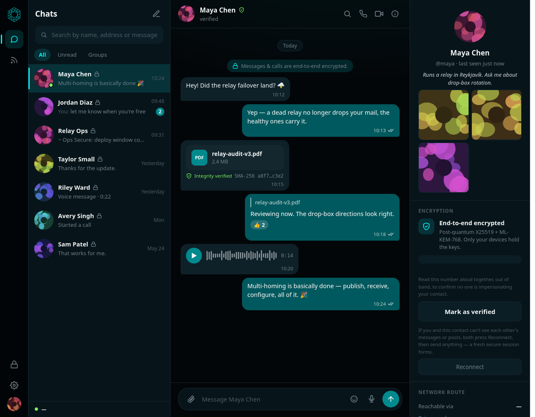 The KARST desktop client: a conversation, with the encryption panel showing the
                key agreement and the network route on the right.